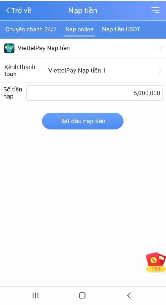 Nạp tiền bằng cách sử dụng ví điện tử Viettel Pay